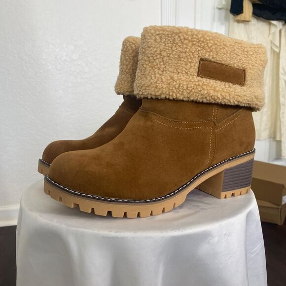 Chunky Teddy Furry Shearling Tan Brown Fold Over Ankle Boots EU 43 / US 12.5 - Picture 2 of 8